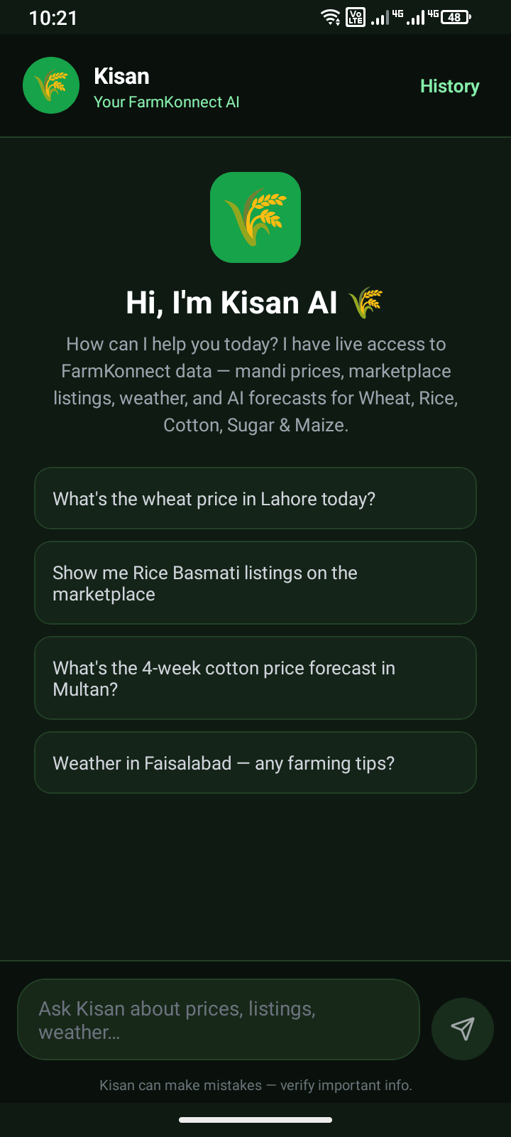 Kisan AI assistant in the FarmKonnect Android app, answering questions over live mandi prices, listings, weather and forecasts