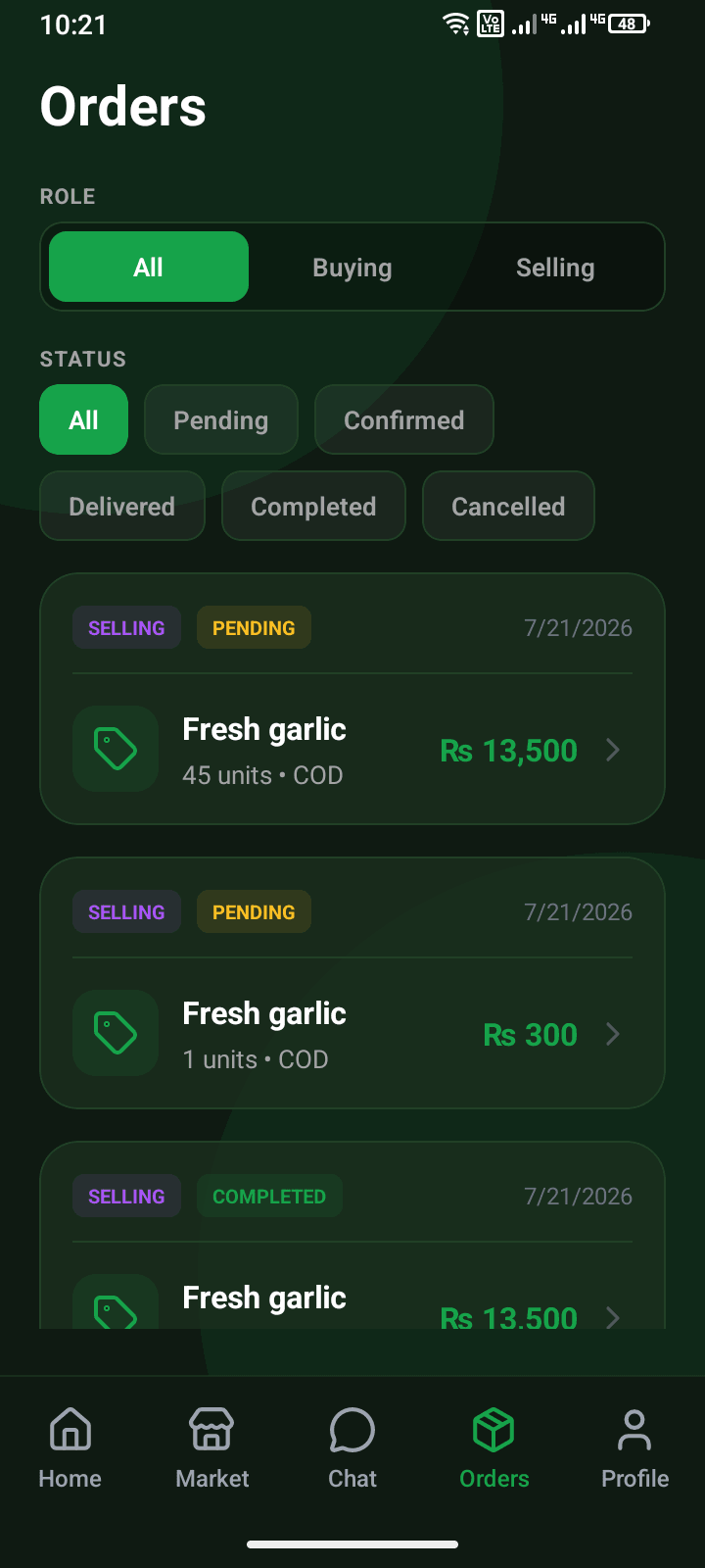 FarmKonnect Android app orders screen with buying/selling role filters and pending, confirmed, delivered, completed and cancelled status filters